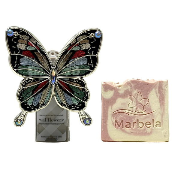 Bath & Body Works Embroidered Butterfly Wallflowers Fragrance Plug With a Himalayan Salts Springs Sample Soap.