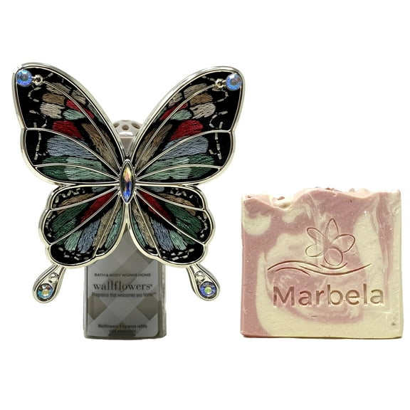 Bath & Body Works Embroidered Butterfly Wallflowers Fragrance Plug With a Himalayan Salts Springs Sample Soap.