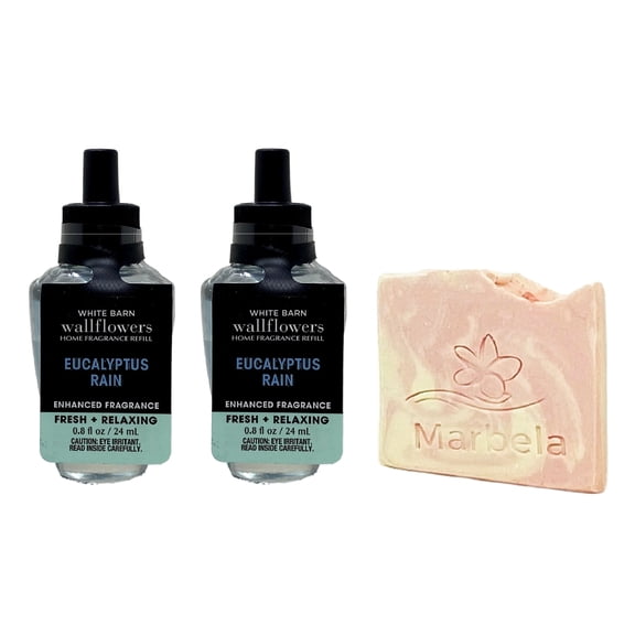 Bath & Body Works Eucalyptus Rain Wallflowers Home Fragrance Refills 2 Pack and Marbela Himalayan Salts Springs Sample Bar Soap