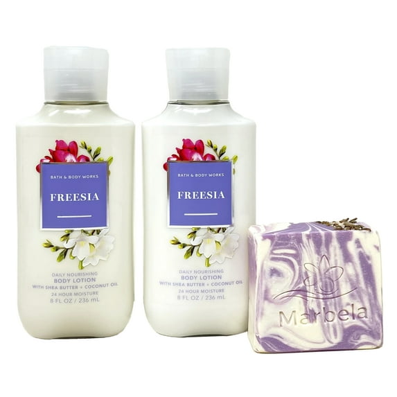 Bath & Body Works FREESIA 2 Piece Daily Nourishing Body Lotion Bundle with a Marbela Lavender Dream Bar Soap - Full Size