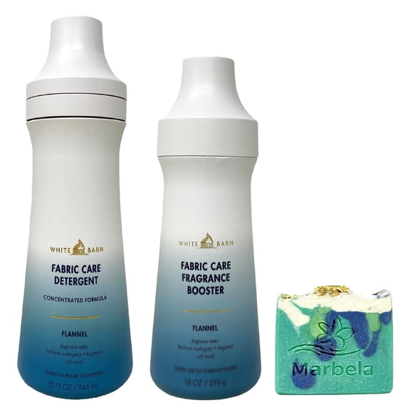 Bath & Body Works Flannel Fabric Care Detergent and Fragrance Booster Gift Set Bundle with a Marbela Aloe Vera Bar Soap - Full Size