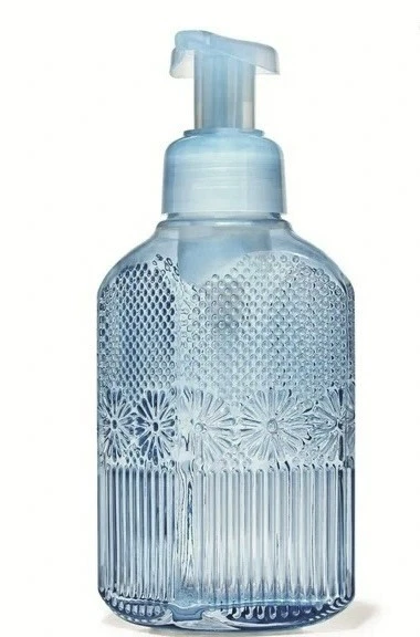 Bath & Body Works Foaming Hand Soap Refill Dispenser Holder Blue Glass Vertical Line Dot Floral