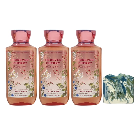 Bath & Body Works Forever Cherry Blossom 3 Body Washes with a Zen Garden Bar Soap