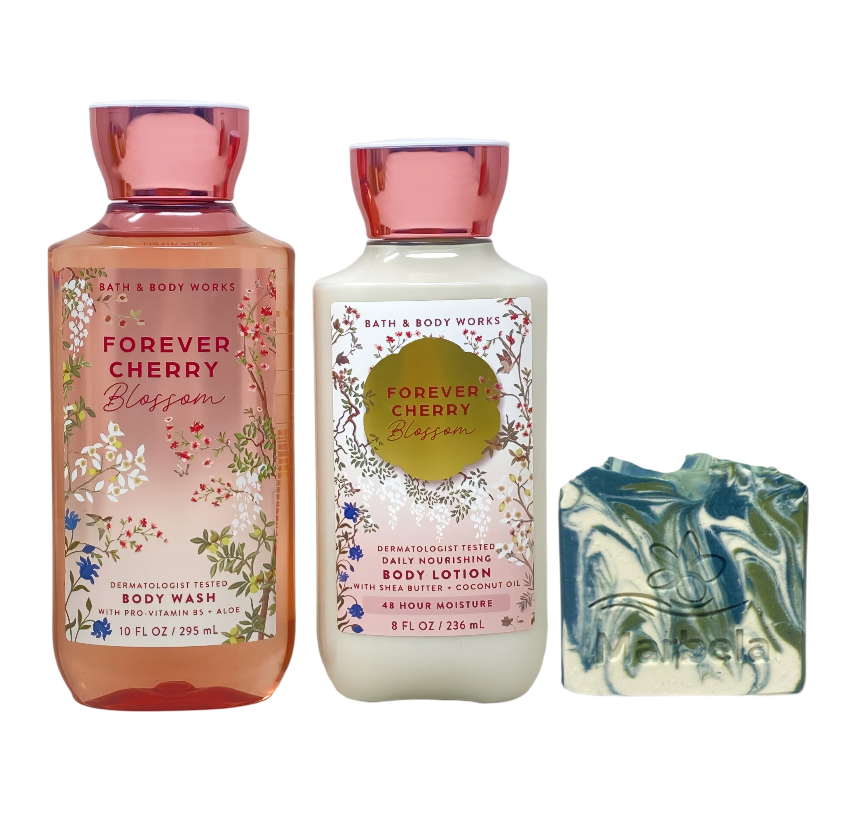 Bath & Body Works Forever Cherry Blossom Body Wash and Daily Nourishing Body Lotion with a Zen Garden Bar Soap