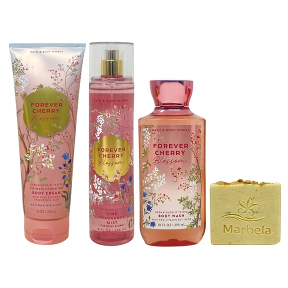 Bath & Body Works Forever Cherry Blossom Fine Fragrance Mist, Ultimate Hydration Body Cream and Body Wash with a Perfectly Peeled Bar Soap