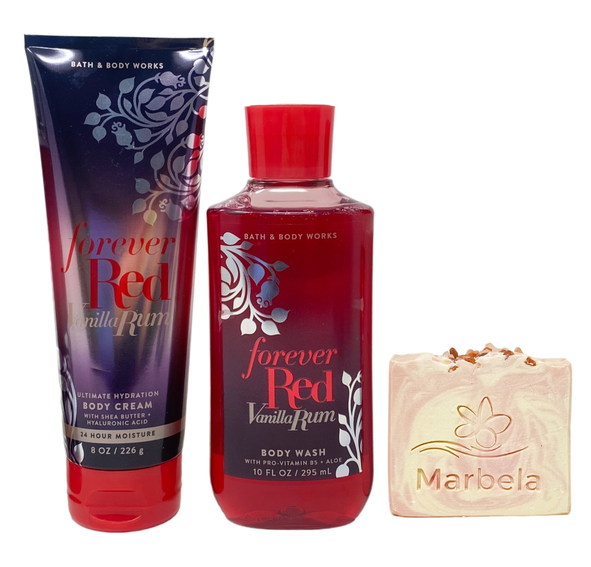 Bath & Body Works Forever Red Vanilla Rum Body Cream and Body Wash with a Himalayan Salts Springs Bar Soap