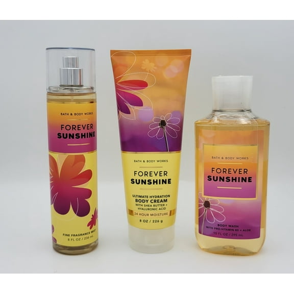 Bath & Body Works Forever Sunshine Bundle of 3 pcs Fragrance Mist 8 oz + Body Cream 8 oz + Shower Gel 10 oz