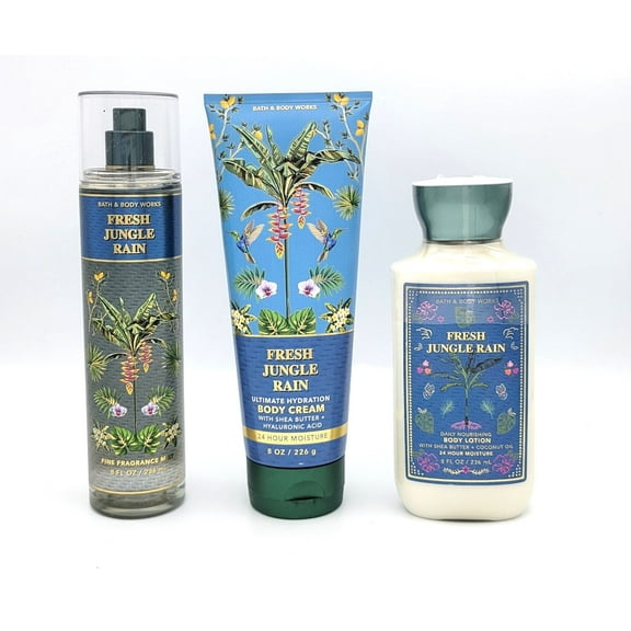 Bath & Body Works Fresh Jungle Rain -3pcs Bundle- Fragrance Mist 8 oz + Body Cream 8 oz + Body Lotion 8 oz