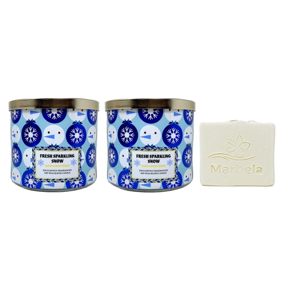 Bath & Body Works Fresh Sparkling Snow 2 Piece 3-Wick Scented Candle Set with a Marbela Natural Oats Bar Soap