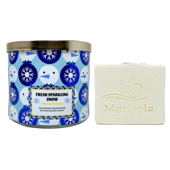 Bath & Body Works Fresh Sparkling Snow 3-Wick Scented Candle with a Marbela Natural Oats Bar Soap