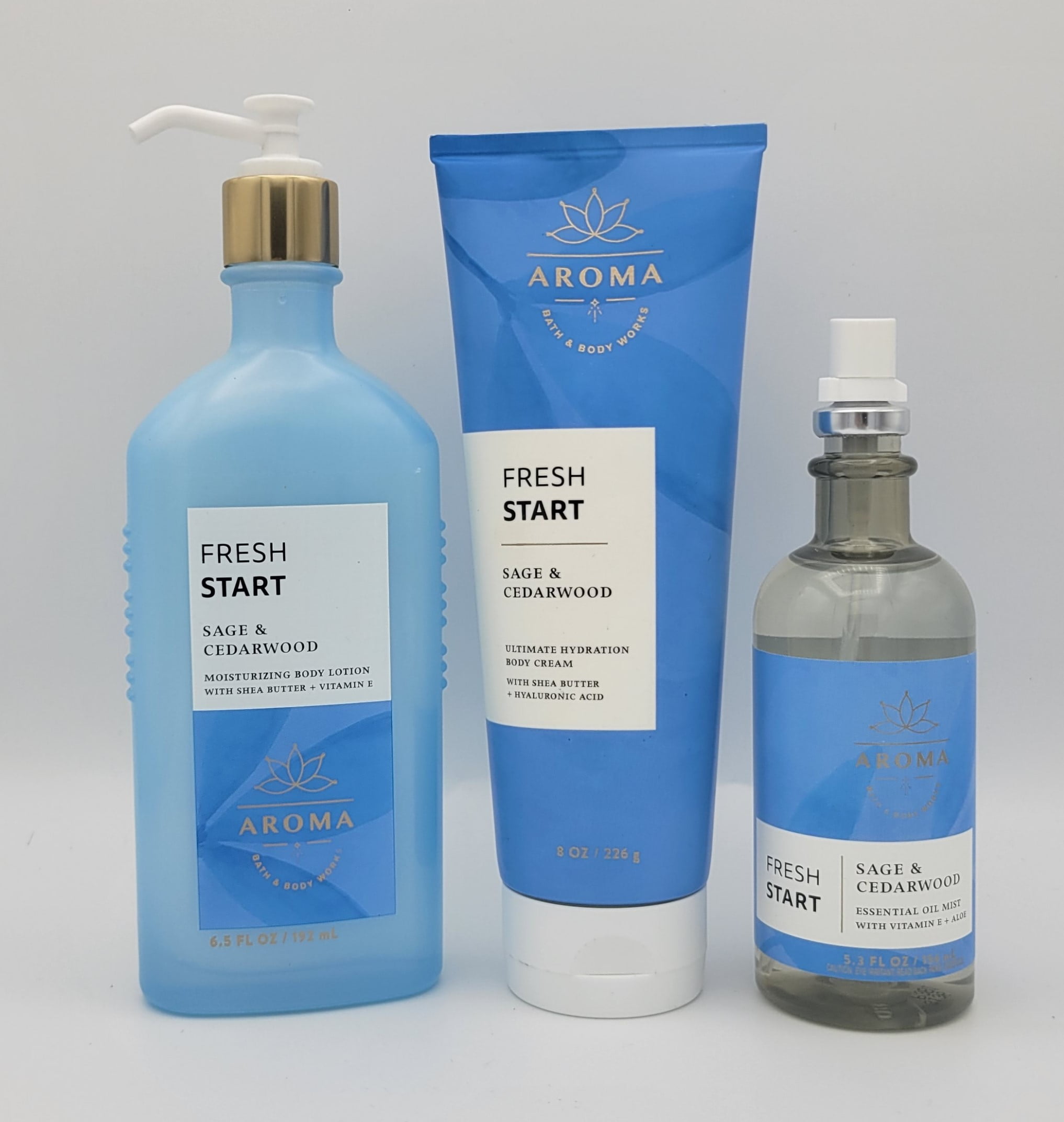 Bath & Body Works Fresh Start Sage & Cedarwood Set Body Lotion 6.5 oz, Body Cream 8 oz & Oil ...