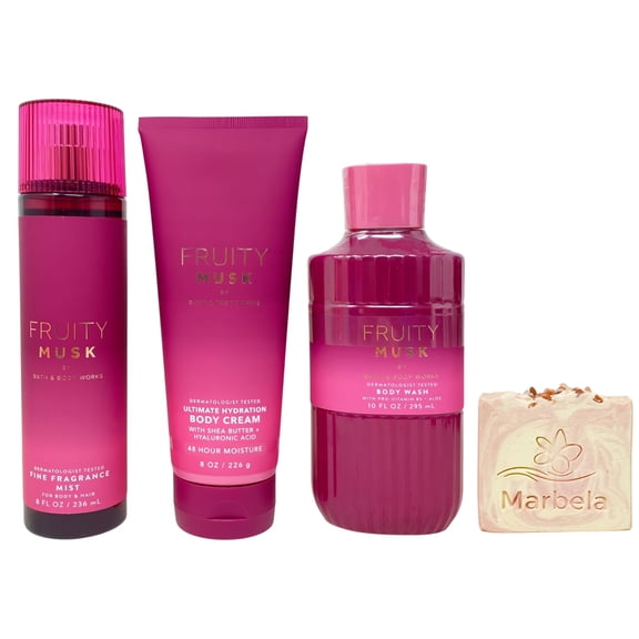 Bath & Body Works Fruity Musk Fine Fragrance Mist, Ultimate Hydration Body Cream and Body Wash with a Himalayan Salts Springs Bar Soap