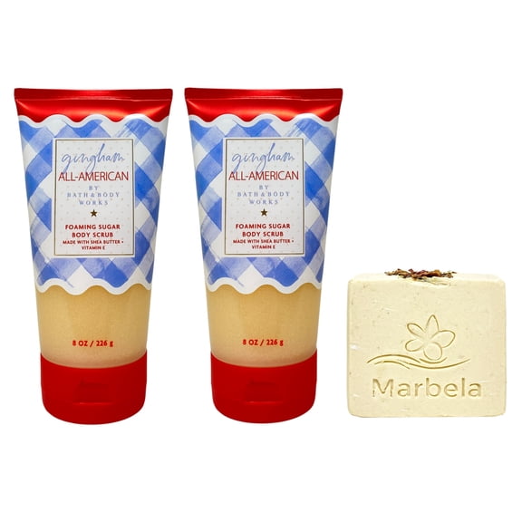 Bath & Body Works Gingham All-American 2 Foaming Sugar Body Scrubs with a Creamy Rose Bar Soap