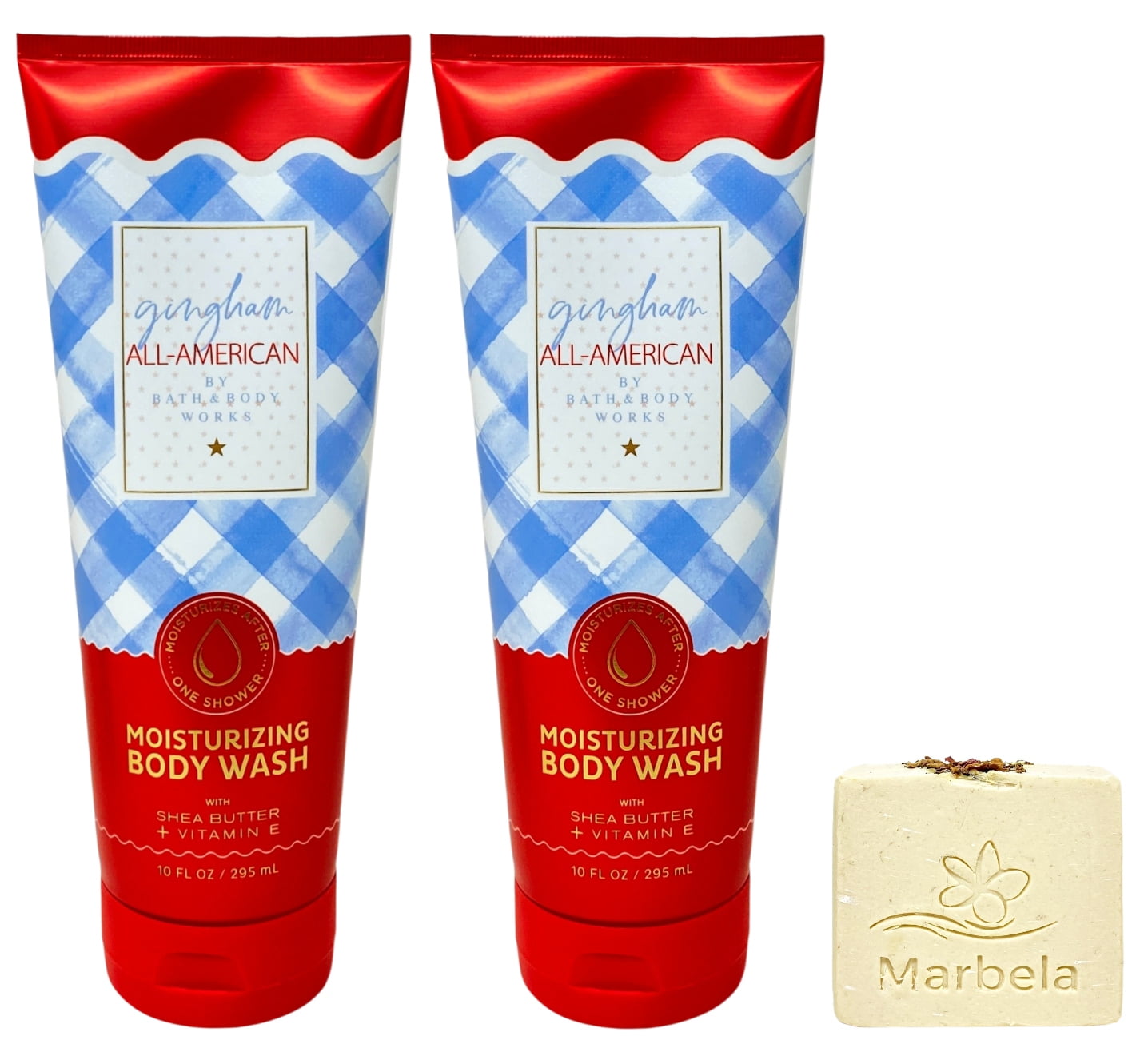Bath & Body Works Gingham All-American 2 Moisturizing Body Washes with a Creamy Rose Bar Soap