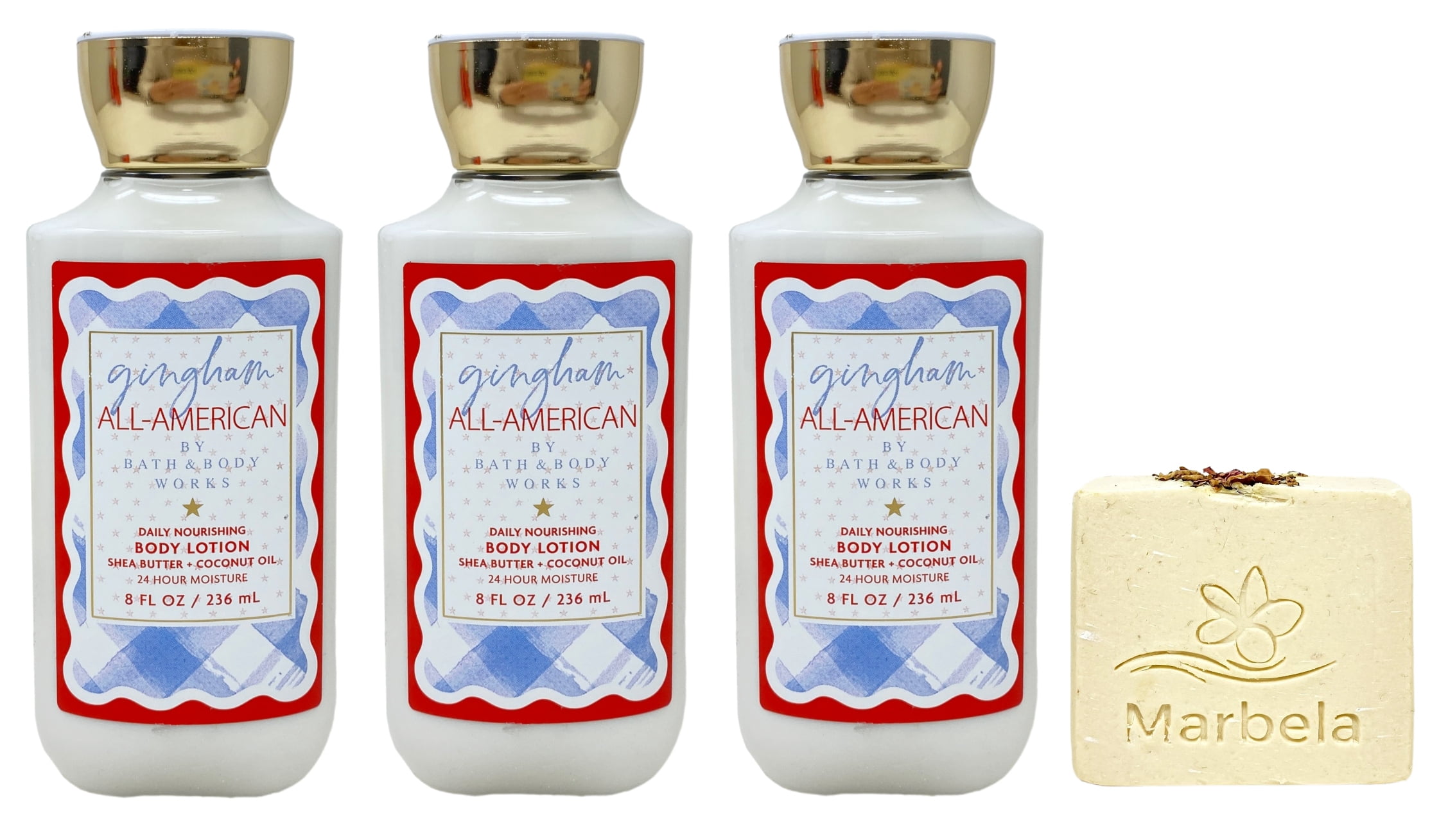 Bath & Body Works Gingham All-American 3 Daily Nourishing Body Lotions with a Creamy Rose Bar Soap