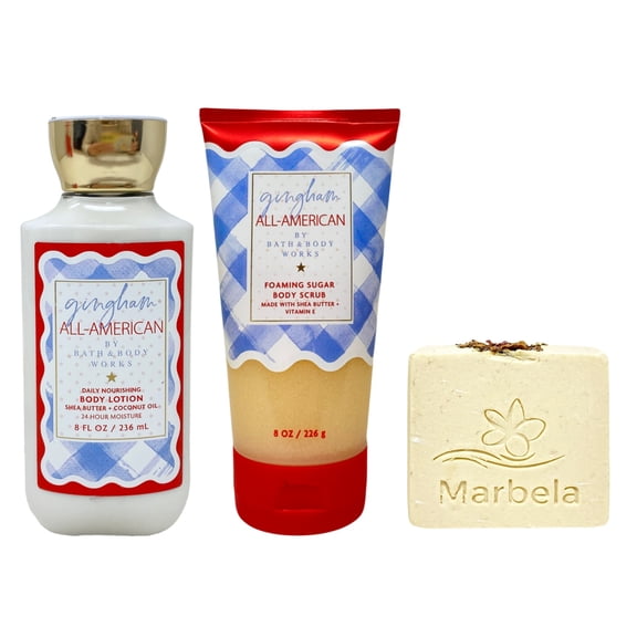 Bath & Body Works Gingham All-American Daily Nourishing Body Lotion and Foaming Sugar Body Scrub with a Creamy Rose Bar Soap