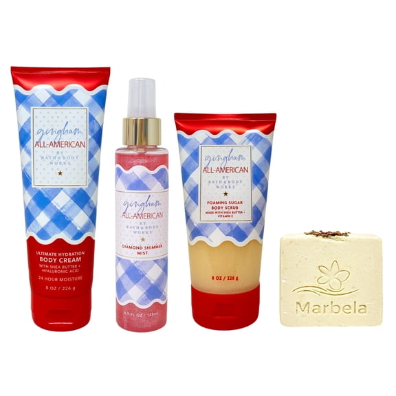 Bath & Body Works Gingham All-American Ultimate Hydration Body Cream, Diamond Shimmer Mist and Foaming Sugar Body Scrub with a Creamy Rose Bar Soap