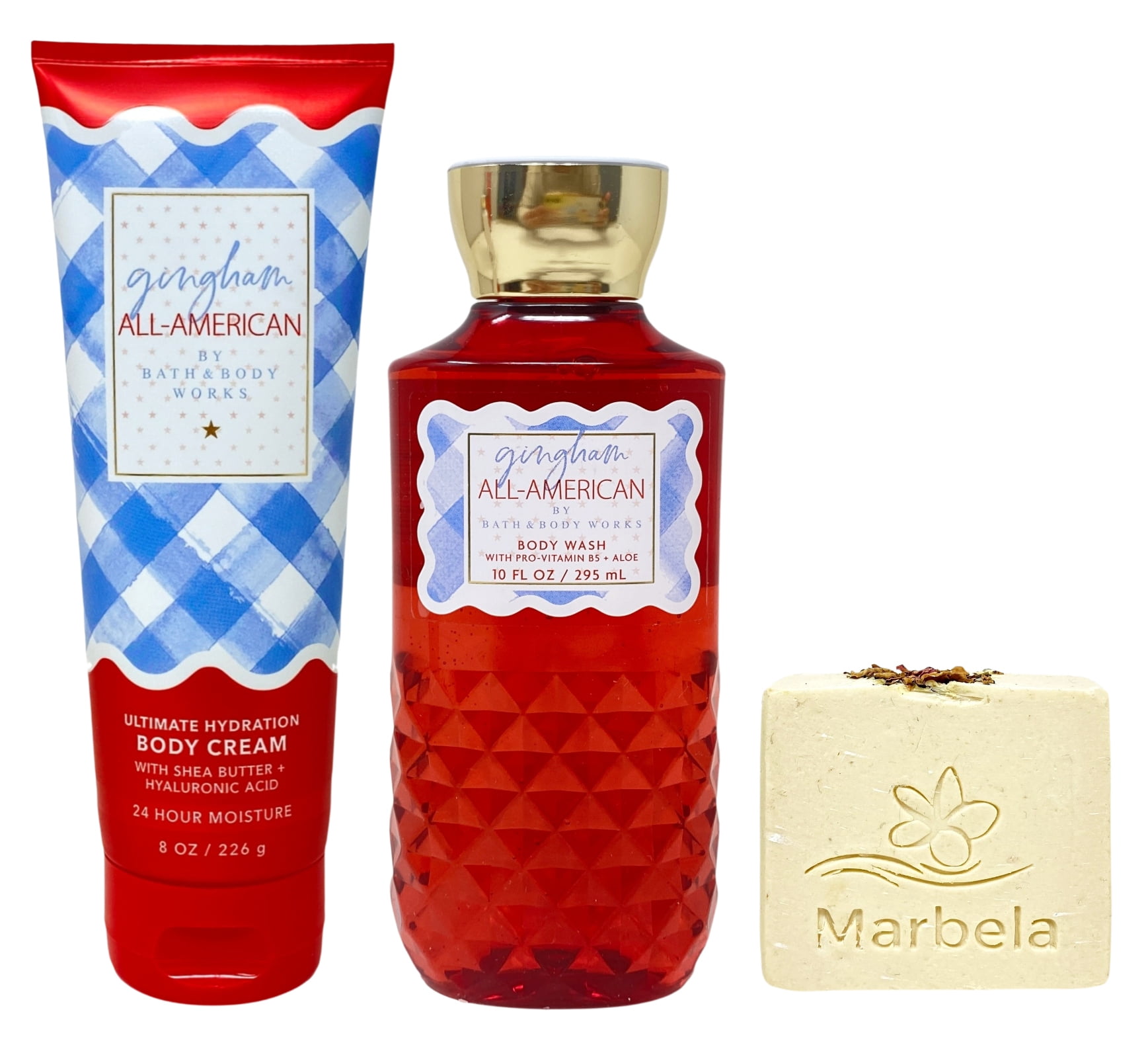 Bath & Body Works Gingham All-American Ultimate Hydration Body Cream and Body Wash with a Creamy Rose Bar Soap