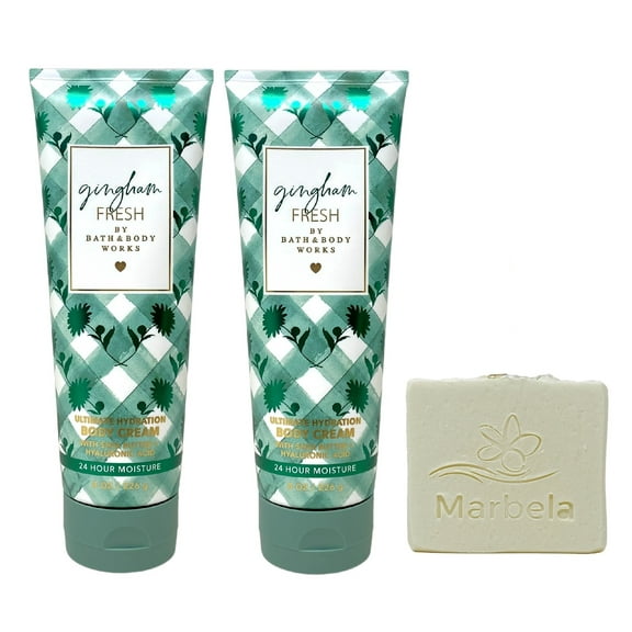 Bath & Body Works Gingham Fresh 2 Pack Body Cream Bundle with a Natural Oats Bar Soap - Full Size