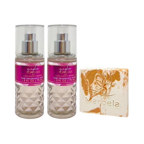 Bath & Body Works Gingham Gorgeous 2 Travel Size Fine Fragrance Mists with a Peach Gardenia Mini Soap