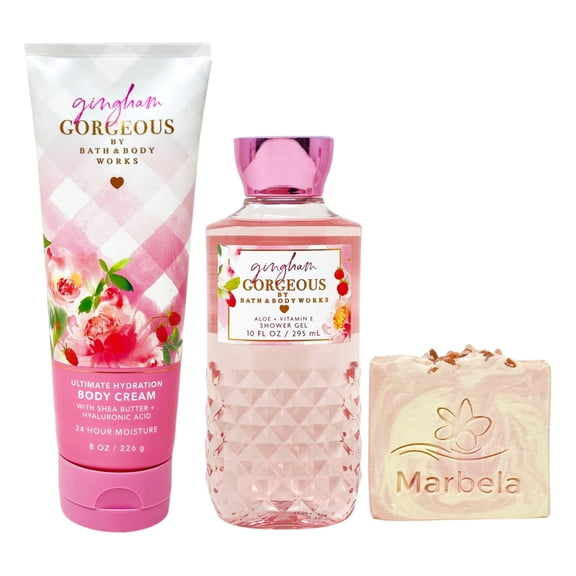 Bath & Body Works Gingham Gorgeous Ultimate Hydration Body Cream and Shower Gel with a Himalayan Salts Springs Bar Soap
