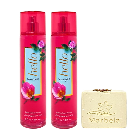Bath & Body Works Hello Beautiful 2 Pack Fine Fragrance Mist Value Pack with a Marbela Creamy Rose Bar Soap - Full Size