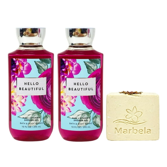 Bath & Body Works Hello Beautiful 2 Pack Shower Gel Bundle with a Marbela Creamy Rose Bar Soap - Full Size