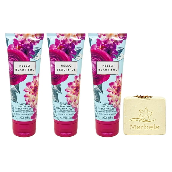 Bath & Body Works Hello Beautiful 3 Pack Body Cream Value Pack with a Marbela Creamy Rose Bar Soap - Full Size