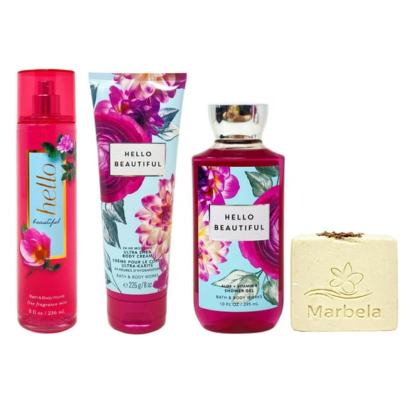 Bath & Body Works Hello Beautiful 3 Piece Bundle with a Marbela Creamy Rose Bar Soap - Fragrance Mist - Shower Gel and Body Cream - Full Size