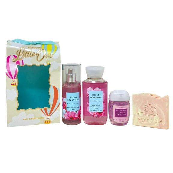 Bath & Body Works Hello Beautiful - Welcome Little One Mini Gift Bag Trio Set - Fragrance Mist, Body Wash and PocketBac Sanitizer Hand Gel with a Himalayan Salts Sample Soap - Travel Size