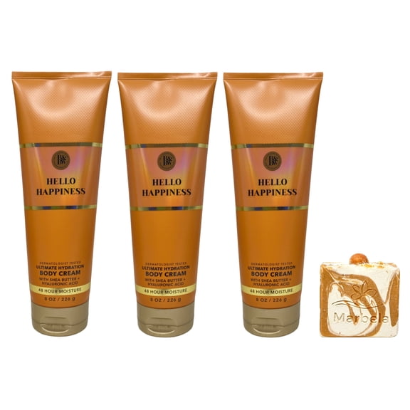 Bath & Body Works Hello Happiness 3 Ultimate Hydration Body Creams with a Peach Gardenia Bar Soap