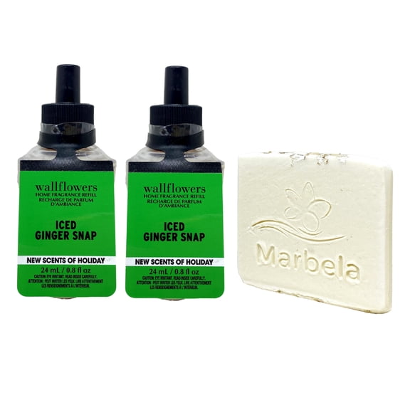 Bath & Body Works Iced Ginger Snap Wallflowers Fragrance Refill 2 Pack with a Natural Oats Sample Bar Soap.