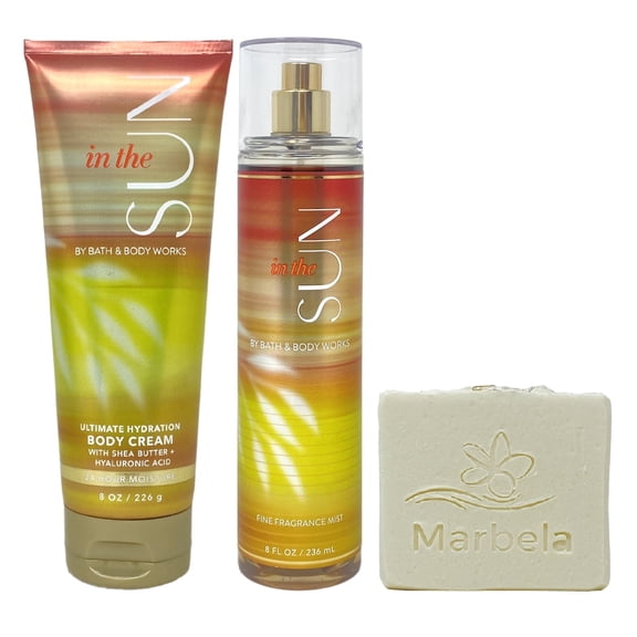 Bath & Body Works In The Sun Body Cream and Fragrance Mist Duo Set with a Natural Oats Bar Soap - Full Size