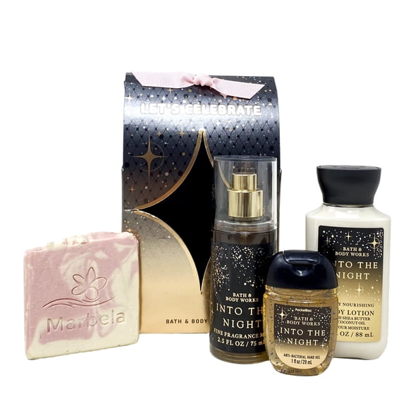 Bath & Body Works Into The Night Let's Celebrate Mini Gift Bag Trio Bundle - Fragrance Mist - Body Lotion and Hand Gel - with a Marbela Himalayan Salts Springs Sample Soap - Travel Size