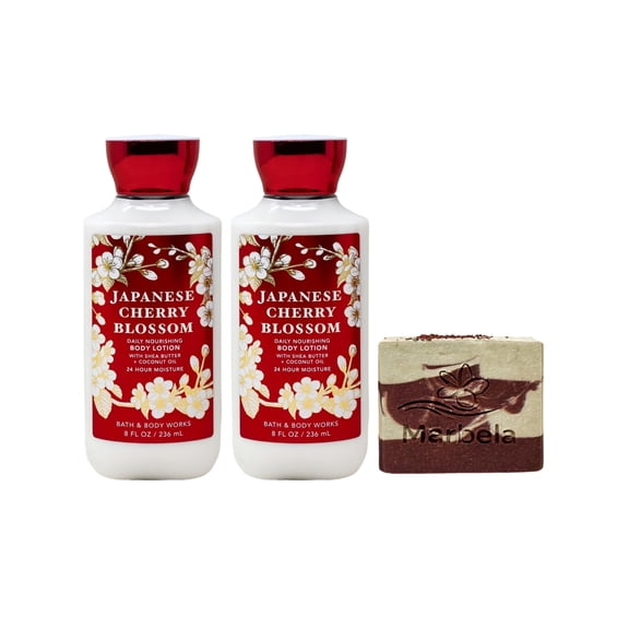 Bath & Body Works Japanese Cherry Blossom - 2 Daily Nourishing Body Lotions with a Cherry On Top Bar Soap