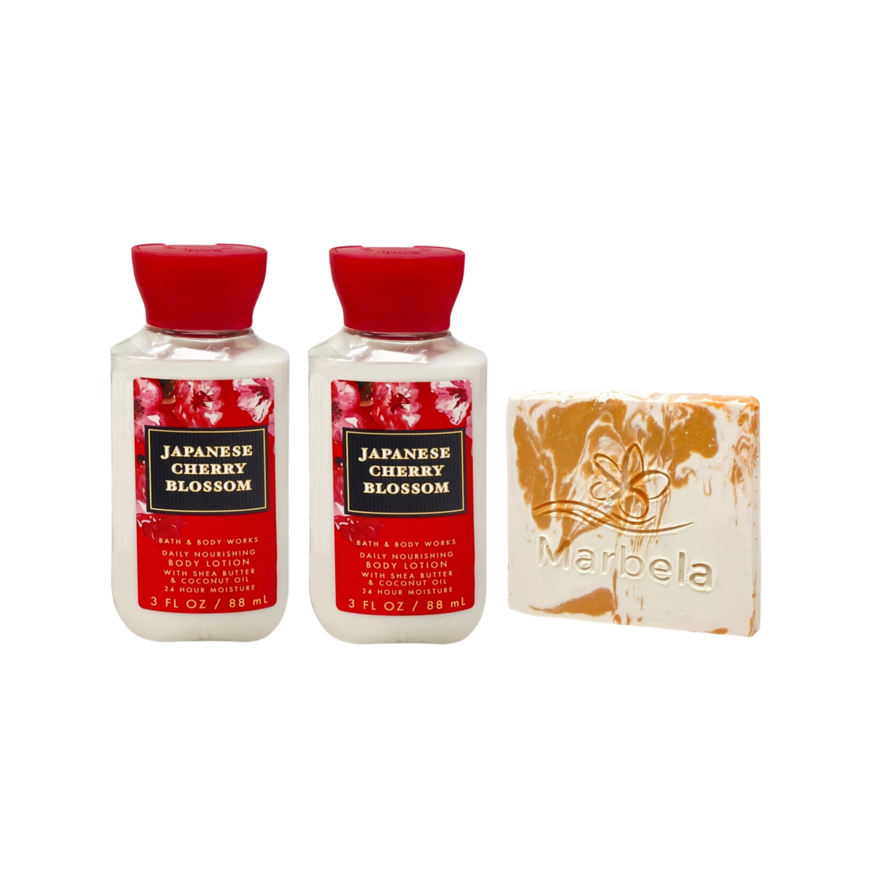 Bath & Body Works Japanese Cherry Blossom - 2 Daily Nourishing Body Lotions with a Peach Gardenia Mini Soap - Travel Size