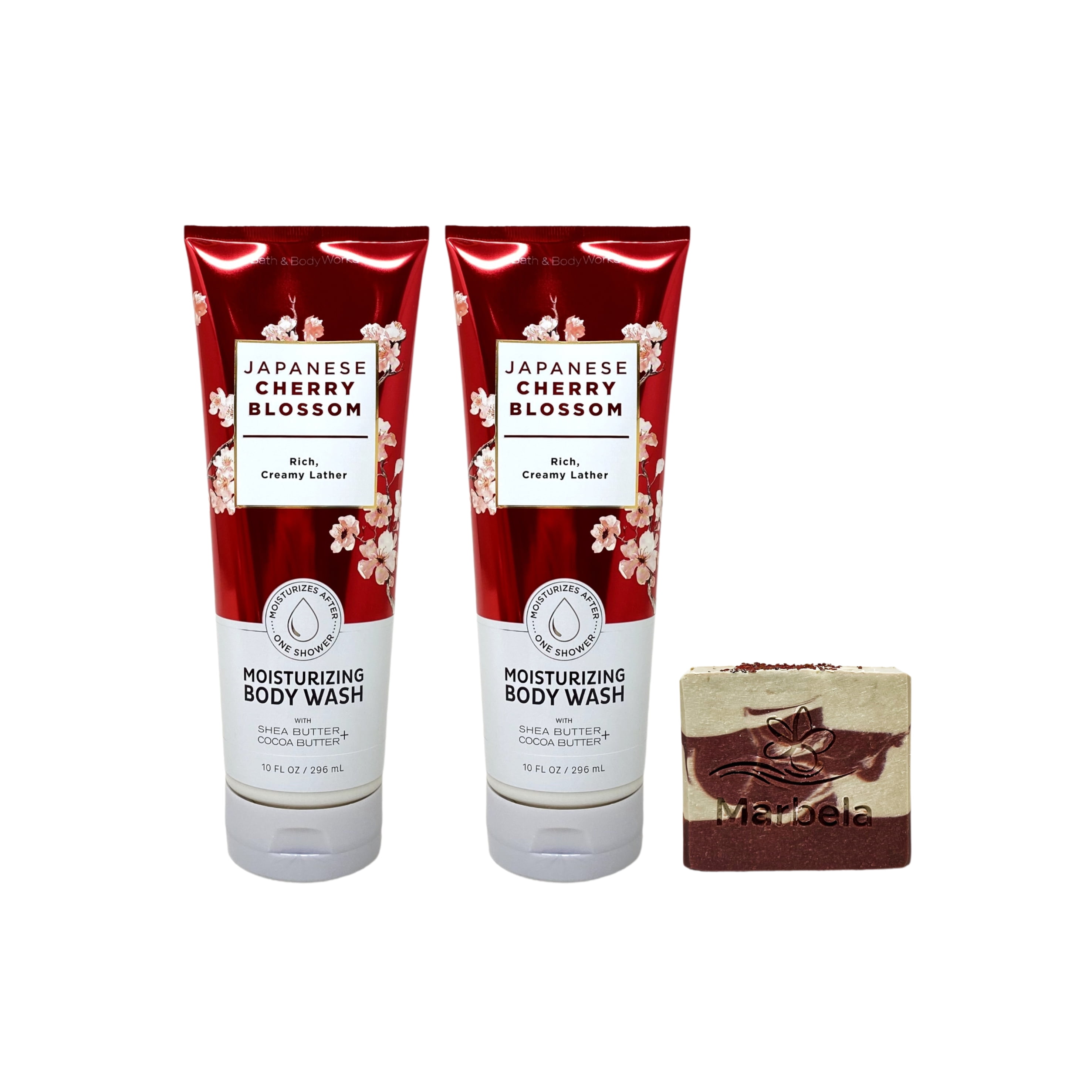 Bath & Body Works Japanese Cherry Blossom - 2 Moisturizing Body Washes with a Cherry On Top Bar Soap