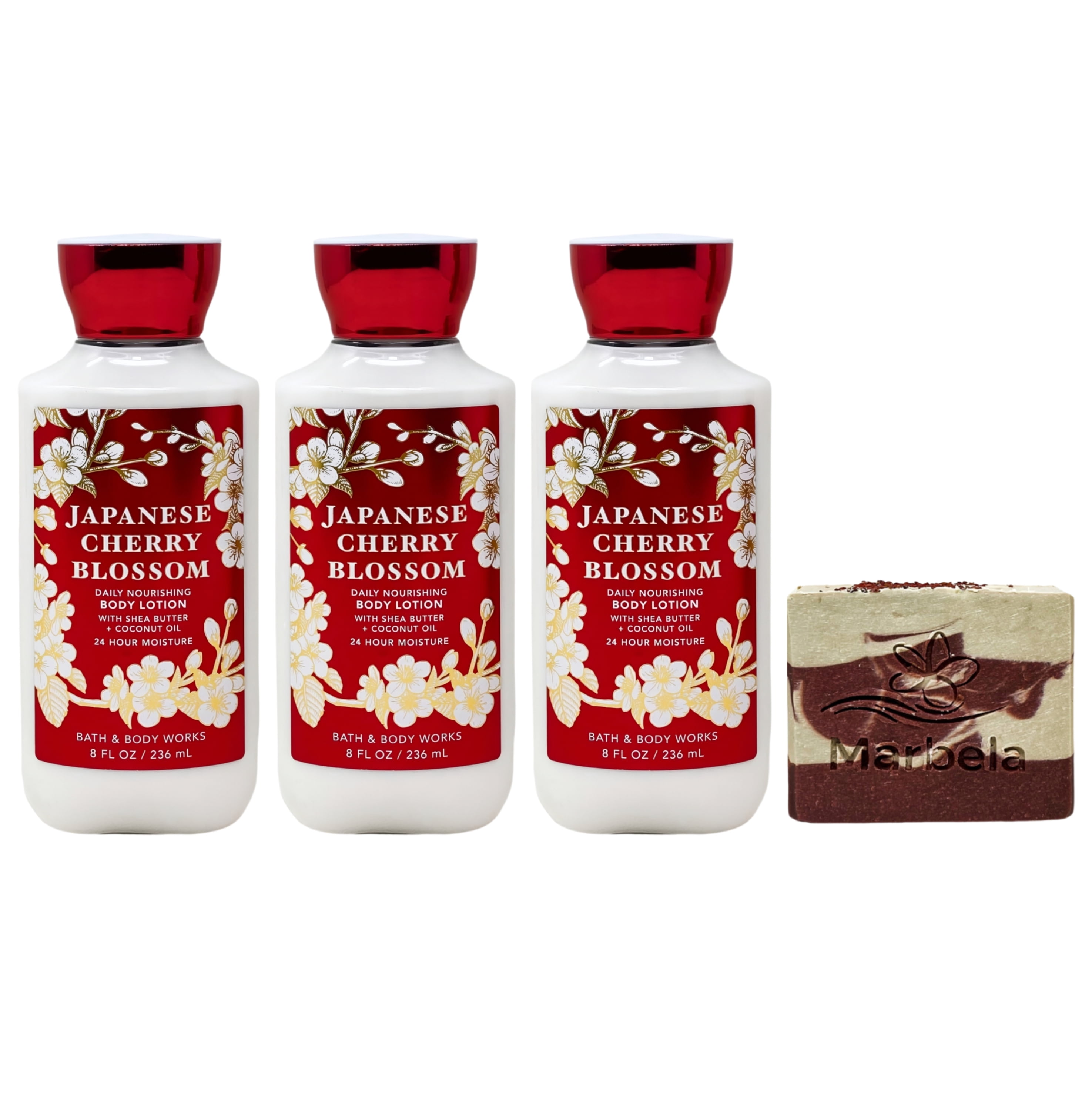 Bath & Body Works Japanese Cherry Blossom - 3 Daily Nourishing Body Lotions with a Cherry On Top Bar Soap