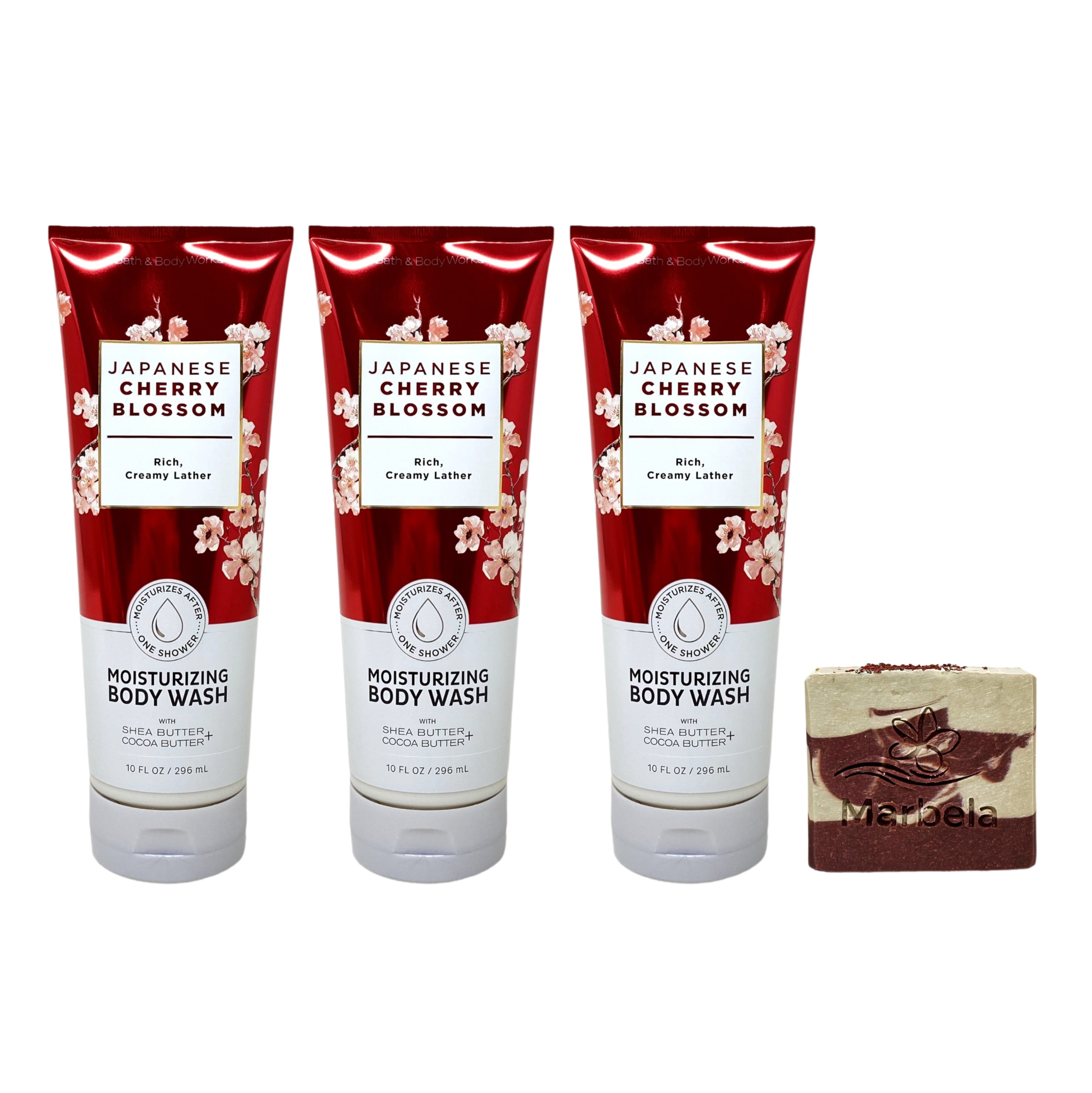 Bath & Body Works Japanese Cherry Blossom - 3 Moisturizing Body Washes with a Cherry On Top Bar Soap