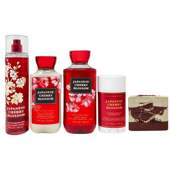 Bath & Body Works Japanese Cherry Blossom Fine Fragrance Mist, Body Wash, Daily Nourishing Body Lotion and Antiperspirant Deodorant with a Cherry On Top Soap.