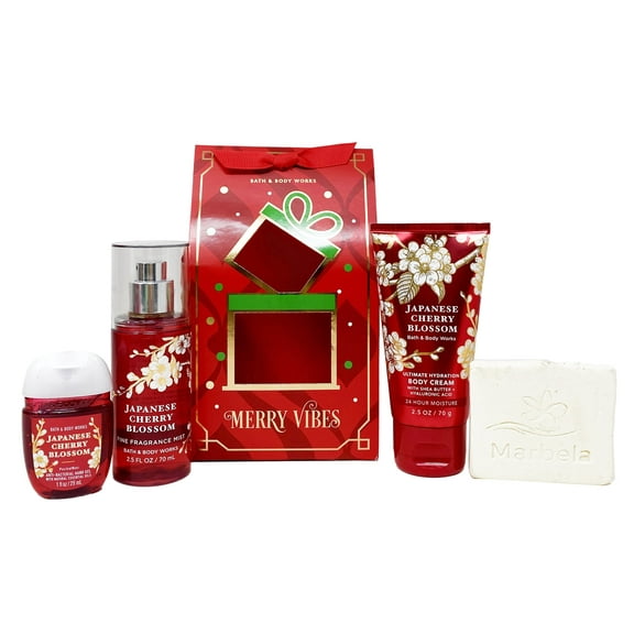 Bath & Body Works Japanese Cherry Blossom - Mini Gift Set - Fine Fragrance Mist, Body Cream and Hand Gel With a Natural Oats Sample Soap