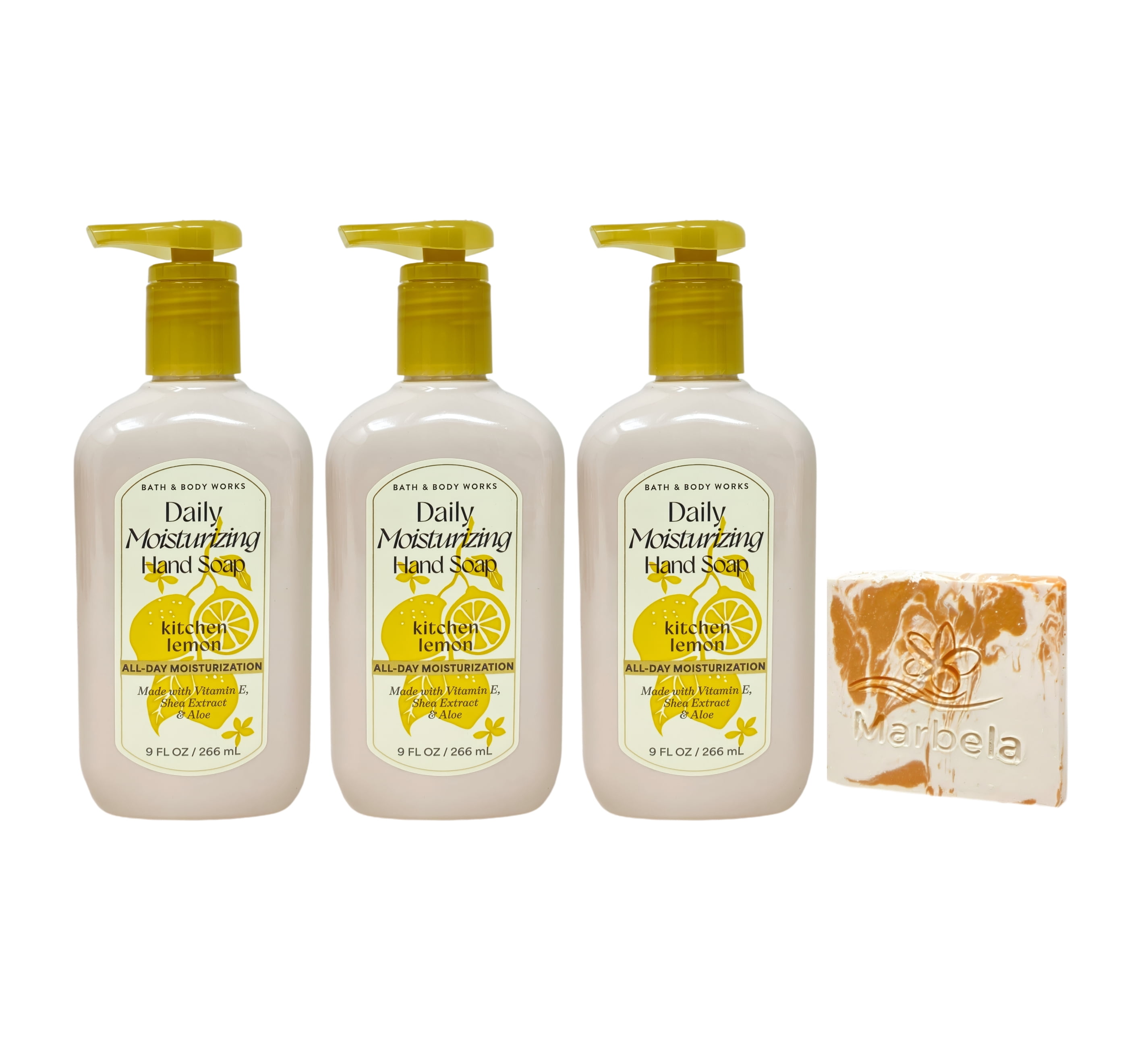 Bath & Body Works Kitchen Lemon 3 Daily Moisturizing Hand Soaps with a Peach Gardenia Mini Soap