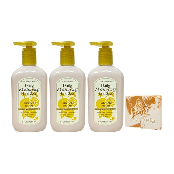 Bath & Body Works Kitchen Lemon 3 Daily Moisturizing Hand Soaps with a Peach Gardenia Mini Soap