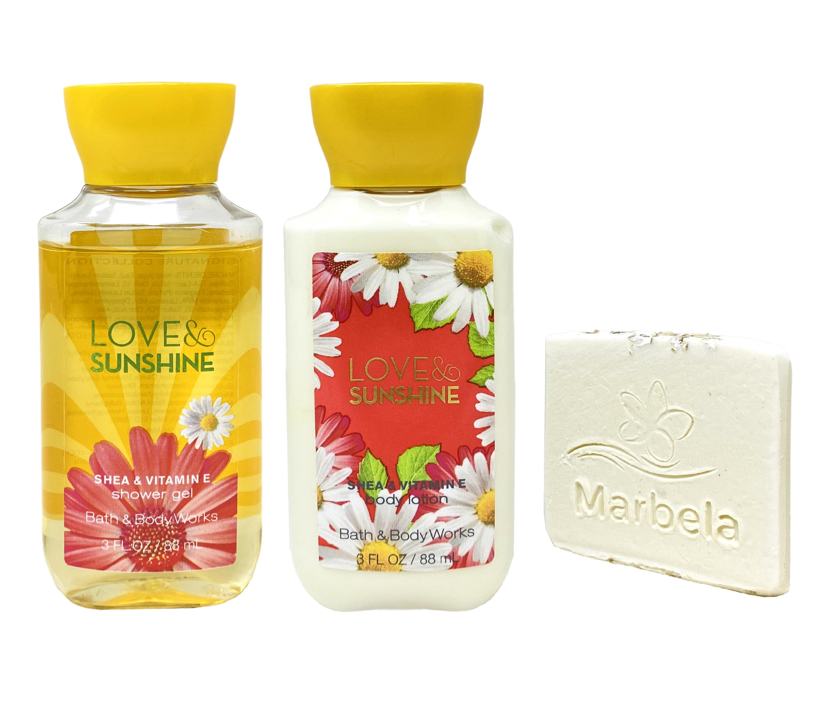 Bath & Body Works LOVE & SUNSHINE Travel Shower Gel and Body Lotion Set with a Marbela Natural Oats Sample Soap - Travel Size