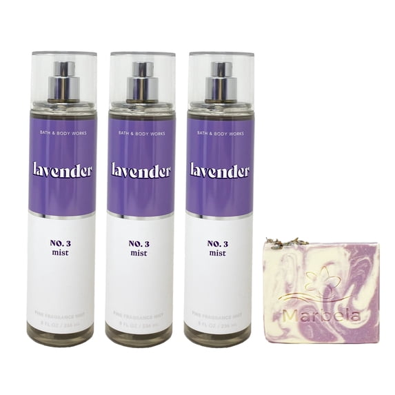 Bath & Body Works Lavender 3 Piece Fine Fragrance Mist Value Pack with a Marbela Lavender Dream Bar Soap - Full Size
