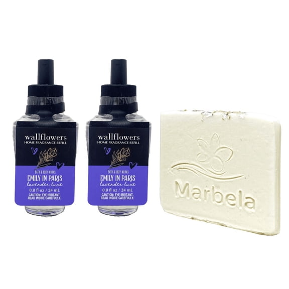Bath & Body Works Lavender Luxe Wallflowers Fragrance Refill 2 Pack with a Natural Oats Sample Bar Soap.