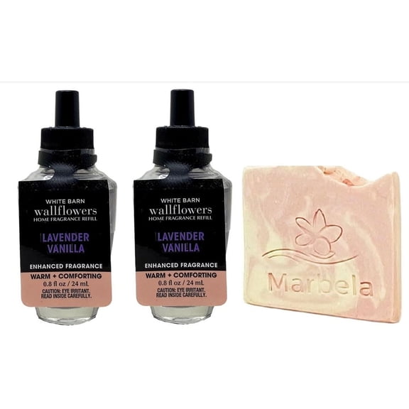 Bath & Body Works Lavender Vanilla Wallflowers Fragrance Refill 2 Pack with Himalayan Salts Springs Sample Bar Soap.