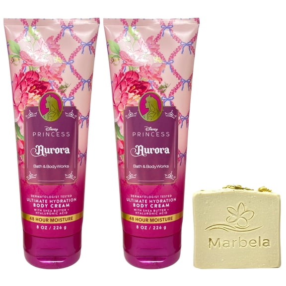 Bath & Body Works Limited Edition Princess Collection Aurora 2 Ultimate Hydration Body Creams with a Wild Jasmine Bar Soap
