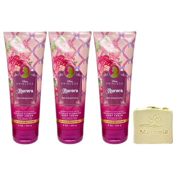 Bath & Body Works Limited Edition Princess Collection Aurora 3 Ultimate Hydration Body Creams with a Wild Jasmine Bar Soap