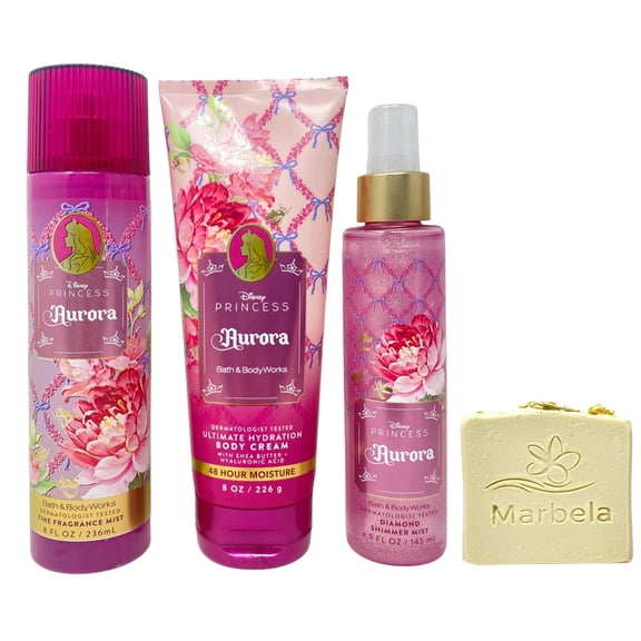 Bath & Body Works Limited Edition Princess Collection Aurora Fine Fragrance Mist, Ultimate Hydration Body Cream and Diamond Shimmer Mist with a Wild Jasmine Bar Soap